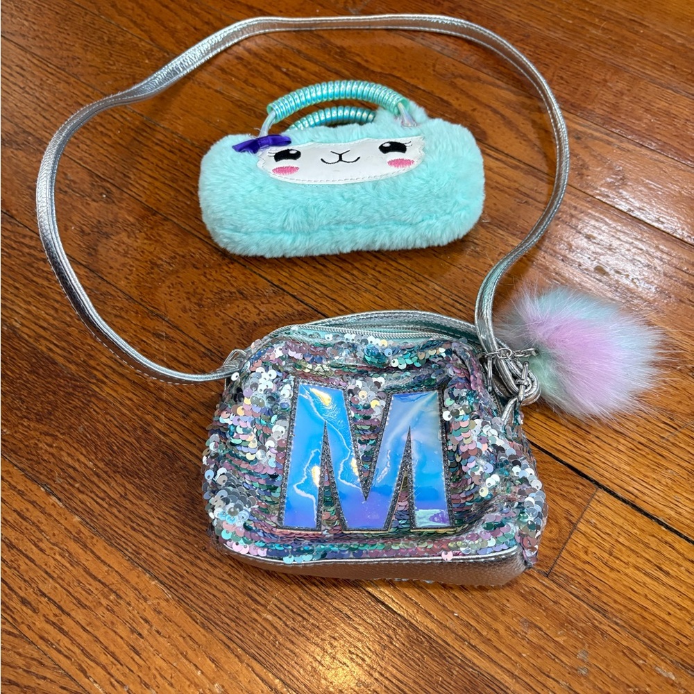 Justice Silver and Multicolor Sequin Bag with Pom Pom